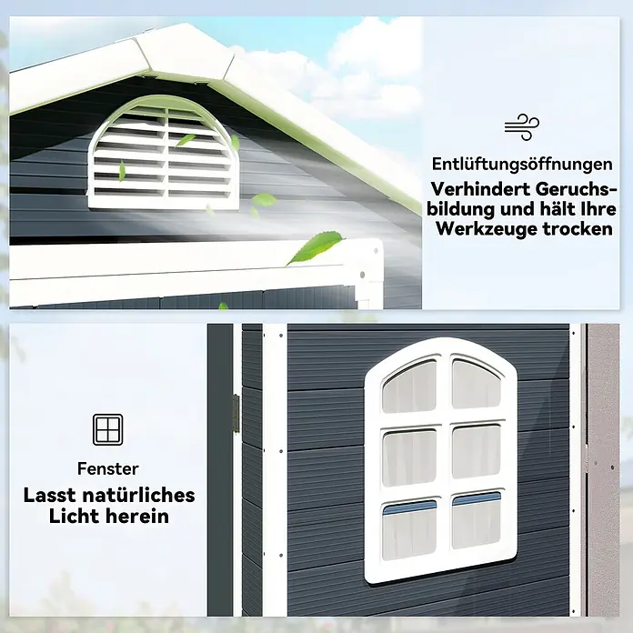 Outsunny Gerätehaus - Außenbreite inkl. Dachüberstand: 134 cm, Außentiefe inkl. Dachüberstand: 104 cm, Aluminium, Dunkelgrau - Dunkelgraues Gartenhaus mit weißer Belüftungsöffnung oben gegen Gerüche und zum Trockenhalten von Werkzeugen, und einem weißen Fenster unten für natürliches Licht.