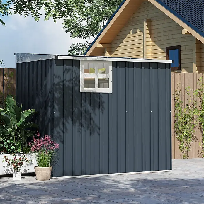 Outsunny Gerätehaus - Außenbreite inkl. Dachüberstand: 128 cm, Außentiefe inkl. Dachüberstand: 193 cm, Stahl, Dunkelgrau - Kompaktes dunkelgraues Metallgartenhaus mit weißem Rahmen und Fenster, ideal für den Außenbereich.