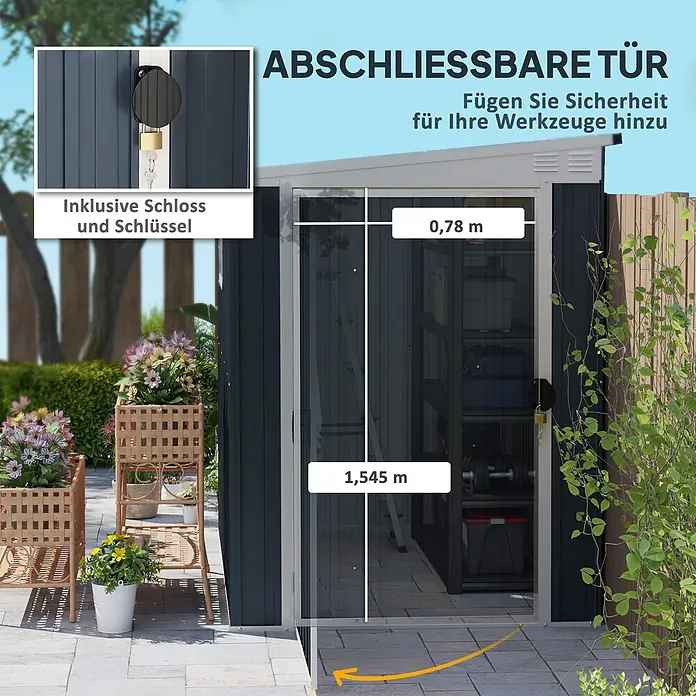 Outsunny Gerätehaus - Außenbreite inkl. Dachüberstand: 128 cm, Außentiefe inkl. Dachüberstand: 193 cm, Stahl, Dunkelgrau - Abschließbare, dunkelgraue Gartenhaustür (0,78x1,545m) mit Schloss und Schlüssel, für sichere Werkzeugaufbewahrung.