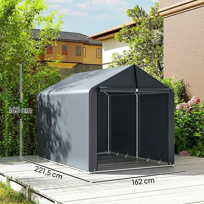 Outsunny Gerätehaus - Außenbreite inkl. Dachüberstand: 162 cm, Außentiefe inkl. Dachüberstand: 221,5 cm, Stahl, Dunkelgrau - Dunkelgraues Outdoor-Lagerzelt mit Metallrahmen, Maße: 163cm H, 221,5cm L, 162cm B, auf einer Holzterrasse.