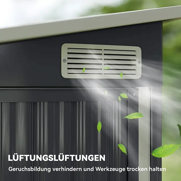 Outsunny Gerätehaus - Außenbreite inkl. Dachüberstand: 234 cm, Außentiefe inkl. Dachüberstand: 132 cm, Stahl, Dunkelgrau - Hellgraue Lüftungsgitter an einer dunkelgrauen Schuppenwand, zur Geruchsvermeidung und Werkzeugtrocknung mit Luftstrom dargestellt.