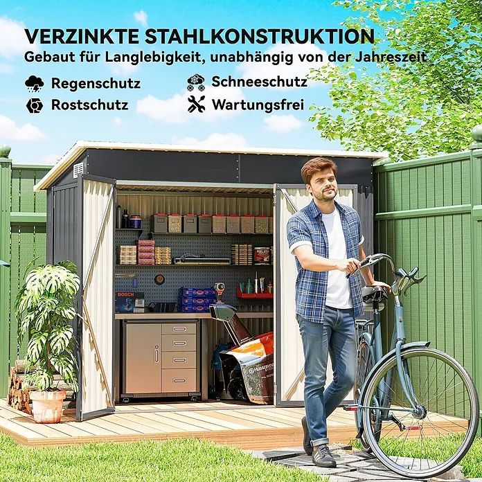 Outsunny Gerätehaus - Außenbreite inkl. Dachüberstand: 234 cm, Außentiefe inkl. Dachüberstand: 132 cm, Stahl, Dunkelgrau - Verzinkter Stahl-Geräteschuppen, anthrazit/beige, mit offenen Türen und Interieur. Mann mit Fahrrad daneben.