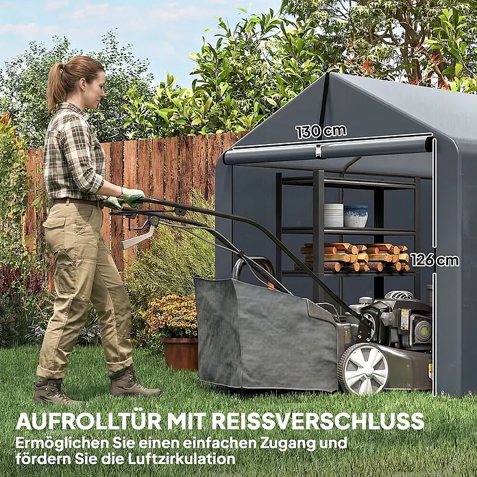 Outsunny Gerätehaus - Außenbreite inkl. Dachüberstand: 162 cm, Außentiefe inkl. Dachüberstand: 221,5 cm, Stahl, Dunkelgrau - Graues Lagerzelt mit aufrollbarer Reißverschlusstür (130x126 cm), in einem Garten mit Frau und Rasenmäher.