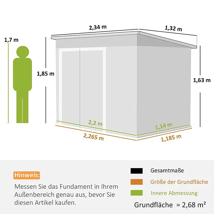Outsunny Gerätehaus - Außenbreite inkl. Dachüberstand: 234 cm, Außentiefe inkl. Dachüberstand: 132 cm, Stahl, Dunkelgrau - Gartenhaus mit Abmessungen (Gesamt, innen, Grundfläche) und einer Person zum Größenvergleich. Grundfläche: 2,68 m².