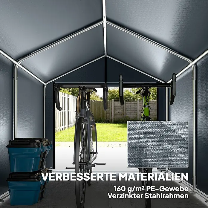 Outsunny Gerätehaus - Außenbreite inkl. Dachüberstand: 162 cm, Außentiefe inkl. Dachüberstand: 221,5 cm, Stahl, Dunkelgrau - Innenansicht eines dunkelgrauen Lagerzeltes mit verzinktem Stahlrahmen, zwei Fahrräder und Behälter lagernd. Materialdetails: 160 g/m² PE-Gewebe.