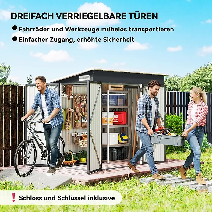 Outsunny Gerätehaus - Außenbreite inkl. Dachüberstand: 234 cm, Außentiefe inkl. Dachüberstand: 132 cm, Stahl, Dunkelgrau - Grauer Metall-Geräteschuppen mit dreifach verriegelbaren Türen, inkl. Schloss und Schlüssel. Personen nutzen ihn für Fahrräder und Werkzeuge.