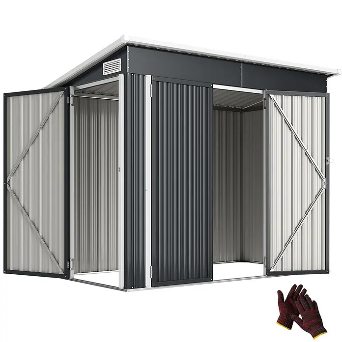 Outsunny Gerätehaus - Außenbreite inkl. Dachüberstand: 234 cm, Außentiefe inkl. Dachüberstand: 132 cm, Stahl, Dunkelgrau - Metall-Gartenschuppen in Dunkel- und Hellgrau mit geöffneten Türen, für Gartengeräte. Inkl. Arbeitshandschuhe.