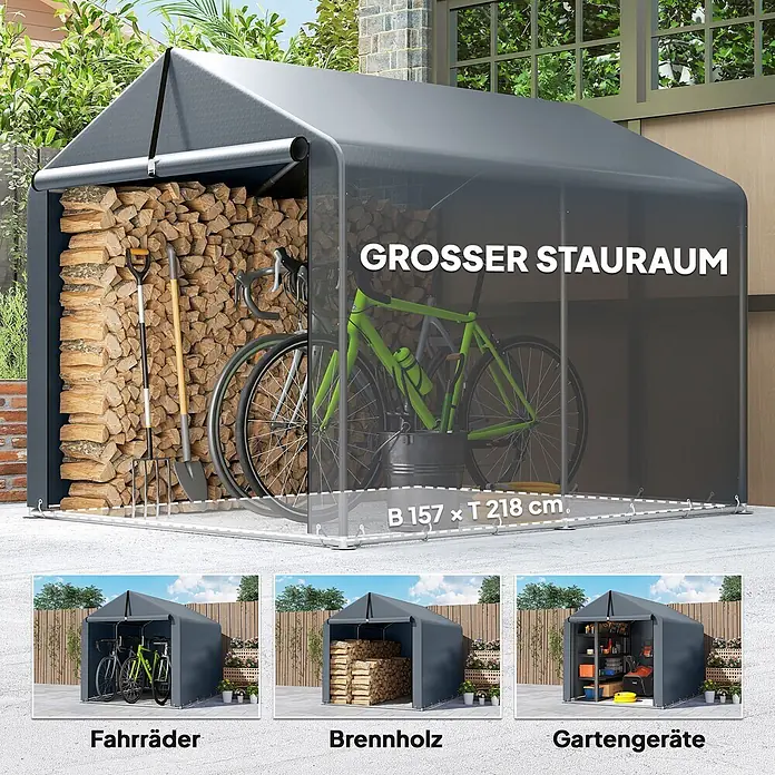 Outsunny Gerätehaus - Außenbreite inkl. Dachüberstand: 162 cm, Außentiefe inkl. Dachüberstand: 221,5 cm, Stahl, Dunkelgrau - Graues Lagerzelt im Garten, vielseitig nutzbar für Fahrräder, Brennholz und Gartengeräte. Maße: 157x218 cm.