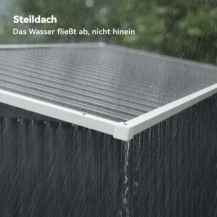 Outsunny Gerätehaus - Außenbreite inkl. Dachüberstand: 234 cm, Außentiefe inkl. Dachüberstand: 132 cm, Stahl, Dunkelgrau - Graues/schwarzes Wellblechdach eines Schuppens mit weißem Rand, das Regenwasser effizient abfließen lässt.