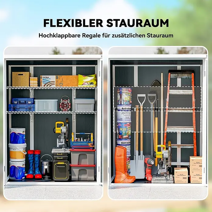 Outsunny Gerätehaus - Außenbreite inkl. Dachüberstand: 134 cm, Außentiefe inkl. Dachüberstand: 68,5 cm, Aluminium, Grau - Geräteschuppen mit flexiblen, hochklappbaren Regalen, der anpassbaren Stauraum für diverse Werkzeuge und Gegenstände in zwei Konfigurationen zeigt.