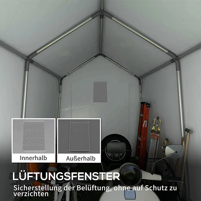 Outsunny Gerätehaus - Außenbreite inkl. Dachüberstand: 210 cm, Außentiefe inkl. Dachüberstand: 360 cm, Stahl, Dunkelgrau - Innenansicht eines grauen Garagenzeltes mit Lüftungsfenster, das Innennetz und Außenabdeckung für Luftzirkulation zeigt.