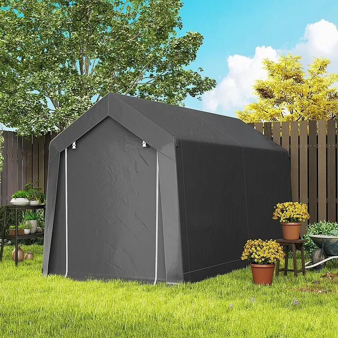 Outsunny Gerätehaus - Außenbreite inkl. Dachüberstand: 210 cm, Außentiefe inkl. Dachüberstand: 360 cm, Stahl, Dunkelgrau - Dunkelgraues Outdoor-Lagerzelt in einem sonnigen Garten mit grünem Gras und Bäumen.