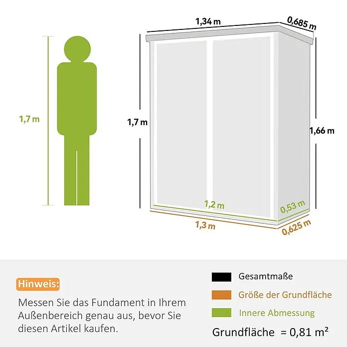 Outsunny Gerätehaus - Außenbreite inkl. Dachüberstand: 134 cm, Außentiefe inkl. Dachüberstand: 68,5 cm, Aluminium, Grau - Maßzeichnung eines Outdoor-Lagerschranks mit Außen- und Innenmaßen sowie einem 1,7m großen Menschen zum Größenvergleich.