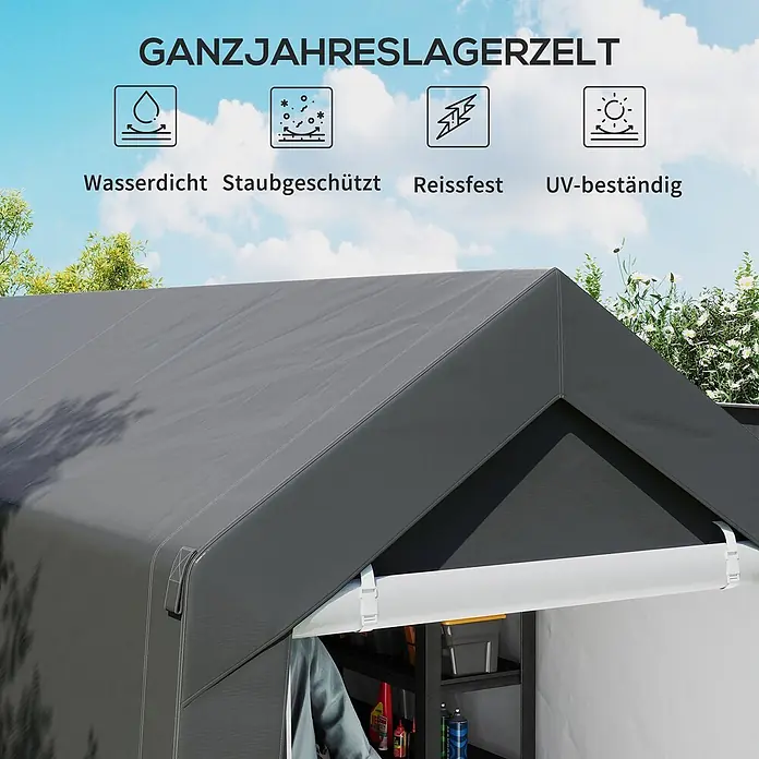 Outsunny Gerätehaus - Außenbreite inkl. Dachüberstand: 210 cm, Außentiefe inkl. Dachüberstand: 360 cm, Stahl, Dunkelgrau - Dunkelgraues Ganzjahreslagerzelt, wasserdicht, staubgeschützt, reißfest und UV-beständig.