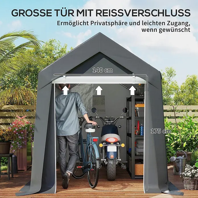 Outsunny Gerätehaus - Außenbreite inkl. Dachüberstand: 210 cm, Außentiefe inkl. Dachüberstand: 360 cm, Stahl, Dunkelgrau - Dunkelgraues Outdoor-Lagerzelt mit großem Reißverschluss-Tor, in dem Fahrräder und Motorrad stehen. Maße 140x175 cm.