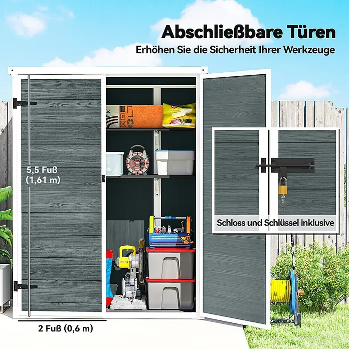 Outsunny Gerätehaus - Außenbreite inkl. Dachüberstand: 134 cm, Außentiefe inkl. Dachüberstand: 68,5 cm, Aluminium, Grau - Grauer Holzoptik-Geräteschrank mit weißem Rahmen, geöffnet mit Regalen. Abschließbare Türen für Sicherheit, inkl. Schloss und Schlüssel. Maße: 1,61m H x 0,6m B.