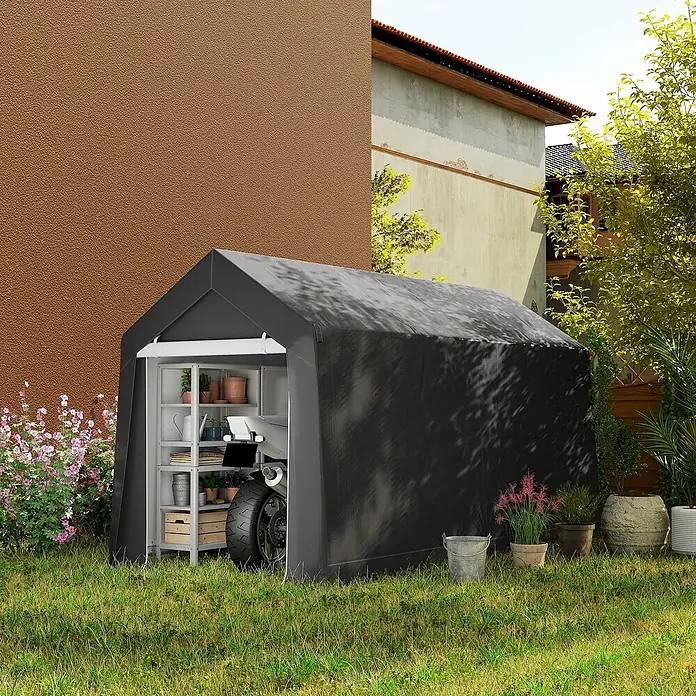 Outsunny Gerätehaus - Außenbreite inkl. Dachüberstand: 210 cm, Außentiefe inkl. Dachüberstand: 360 cm, Stahl, Dunkelgrau - Dunkelgrauer Geräteschuppen auf Gras, mit Motorrad und Gartengeräten.