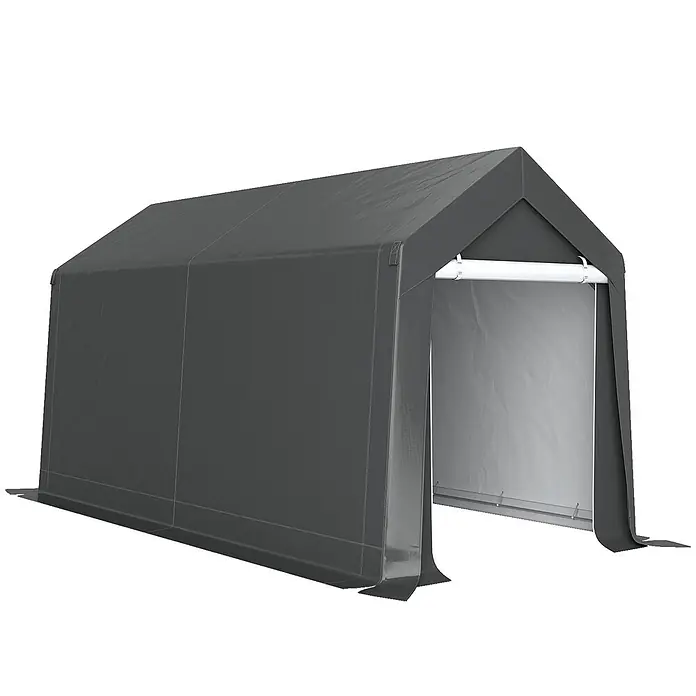 Outsunny Gerätehaus - Außenbreite inkl. Dachüberstand: 210 cm, Außentiefe inkl. Dachüberstand: 360 cm, Stahl, Dunkelgrau - Dunkelgraues tragbares Garagenzelt mit Satteldach und aufgerolltem Vordertor, für Lagerung oder Schutz.
