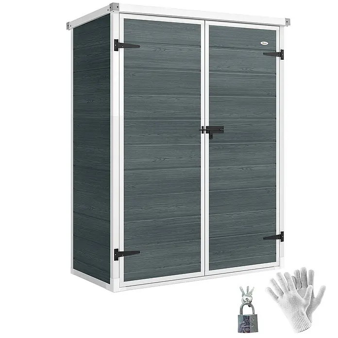 Outsunny Gerätehaus - Außenbreite inkl. Dachüberstand: 134 cm, Außentiefe inkl. Dachüberstand: 68,5 cm, Aluminium, Grau - Hoher, dunkelgrauer Geräteschuppen in Holzoptik mit weißem Rahmen, Vorhängeschloss, Schlüsseln und weißen Handschuhen.