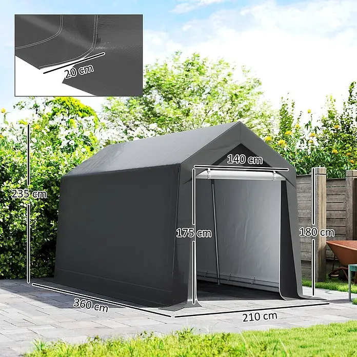 Outsunny Gerätehaus - Außenbreite inkl. Dachüberstand: 210 cm, Außentiefe inkl. Dachüberstand: 360 cm, Stahl, Dunkelgrau - Dunkelgraues Outdoor-Lagerzelt mit Spitzdach und aufgerolltem Eingang, zeigt Hauptabmessungen für einen geräumigen Gartenschuppen.