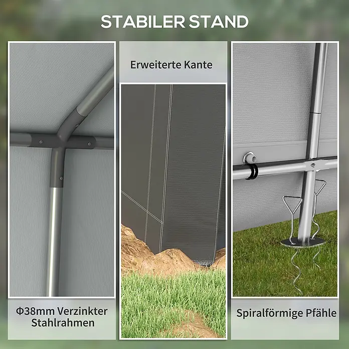 Outsunny Gerätehaus - Außenbreite inkl. Dachüberstand: 210 cm, Außentiefe inkl. Dachüberstand: 360 cm, Stahl, Dunkelgrau - Detaillierte Ansichten des Φ38mm verzinkten Stahlrahmens, verstärkten Kante und spiralförmigen Erdspieße eines Pavillons, die robuste Konstruktion hervorheben.