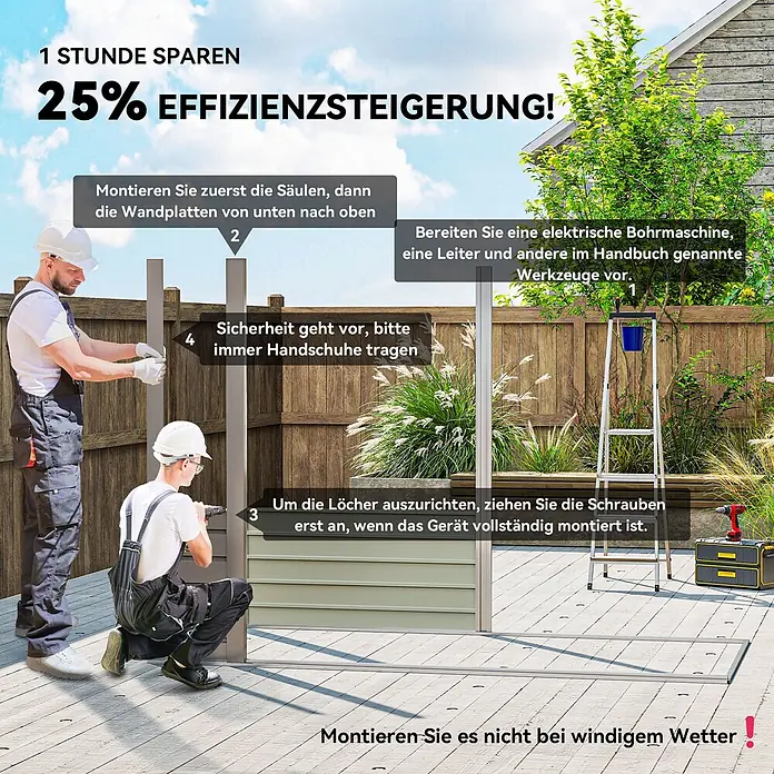Outsunny Gerätehaus - Außenbreite inkl. Dachüberstand: 249 cm, Außentiefe inkl. Dachüberstand: 121 cm, Stahl, Hellgrau - Zwei Männer montieren einen modularen, grauen Sichtschutzzaun auf einer Terrasse.