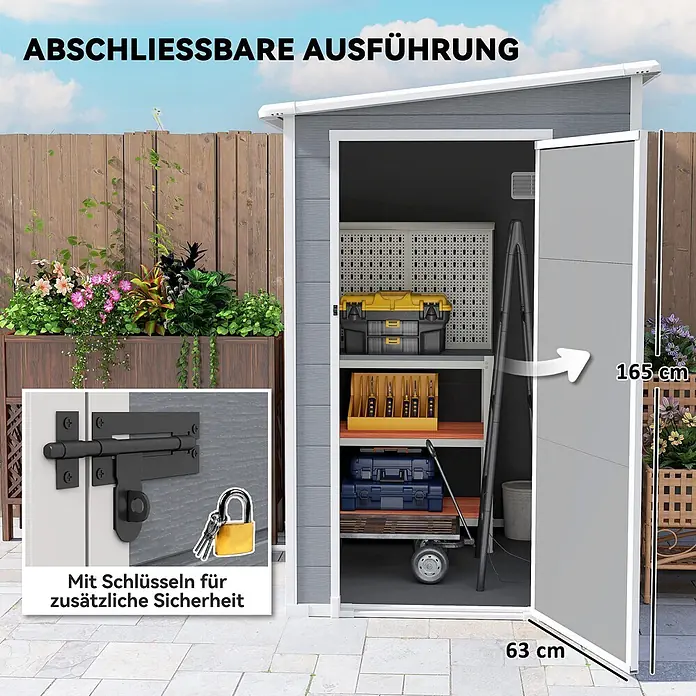 Outsunny Gerätehaus - Außenbreite inkl. Dachüberstand: 149 cm, Außentiefe inkl. Dachüberstand: 122 cm, Kunststoff, Grau - Grauer, abschließbarer Gartenschrank mit offener Tür, Innenregale und Werkzeuge. Maße: 165cm H, 63cm B, mit Riegel und Schlüsseln.