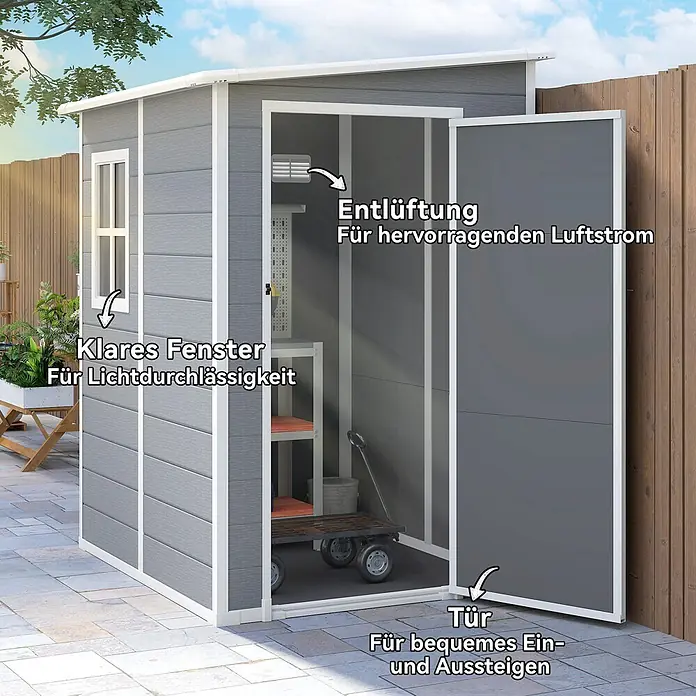 Outsunny Gerätehaus - Außenbreite inkl. Dachüberstand: 149 cm, Außentiefe inkl. Dachüberstand: 122 cm, Kunststoff, Grau - Graues Gartenhaus mit klarem Fenster, Entlüftung und weit geöffneter Tür auf einer Terrasse.