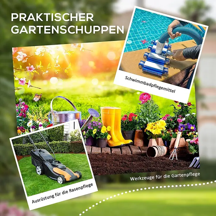 Outsunny Gerätehaus - Außenbreite inkl. Dachüberstand: 149 cm, Außentiefe inkl. Dachüberstand: 122 cm, Kunststoff, Grau - Eine Collage mit verschiedenen Gartenwerkzeugen, Rasenpflegegeräten und Poolpflegeartikeln, die einem praktischen Gartenschuppen zugeordnet sind.
