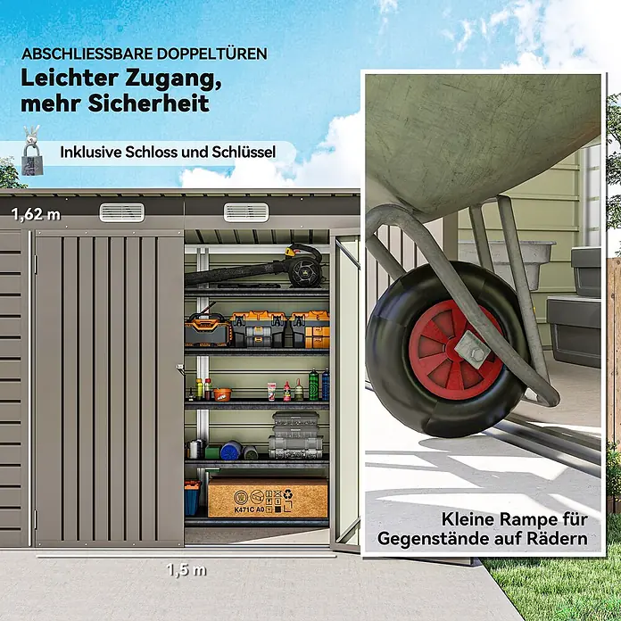 Outsunny Gerätehaus - Außenbreite inkl. Dachüberstand: 249 cm, Außentiefe inkl. Dachüberstand: 121 cm, Stahl, Hellgrau - Grauer Geräteschuppen mit abschließbaren Doppeltüren (1,5x1,62m), integrierter Rampe für Rollgeräte und Regalsystem.