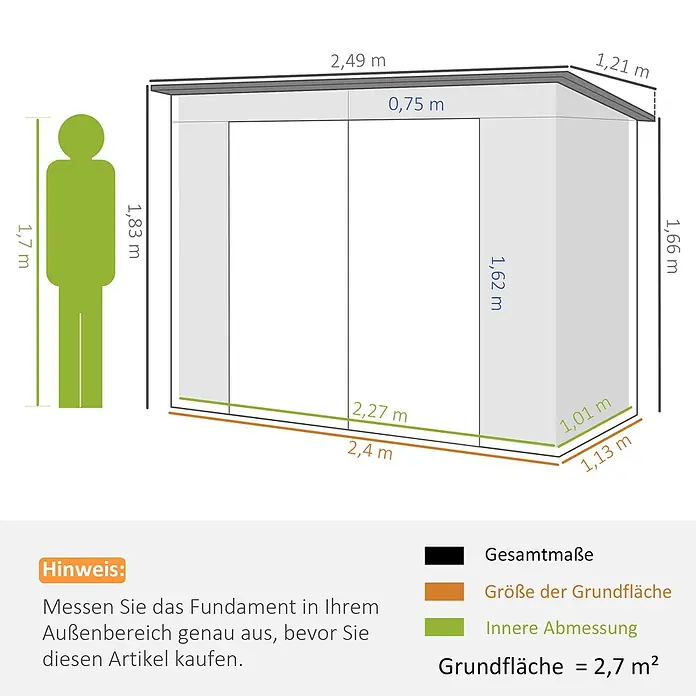 Outsunny Gerätehaus - Außenbreite inkl. Dachüberstand: 249 cm, Außentiefe inkl. Dachüberstand: 121 cm, Stahl, Hellgrau - Maße eines hellgrau-dunkelgrauen Geräteschuppens, mit Gesamt-, Innen- und Grundflächenmaßen sowie einer Person zum Größenvergleich.