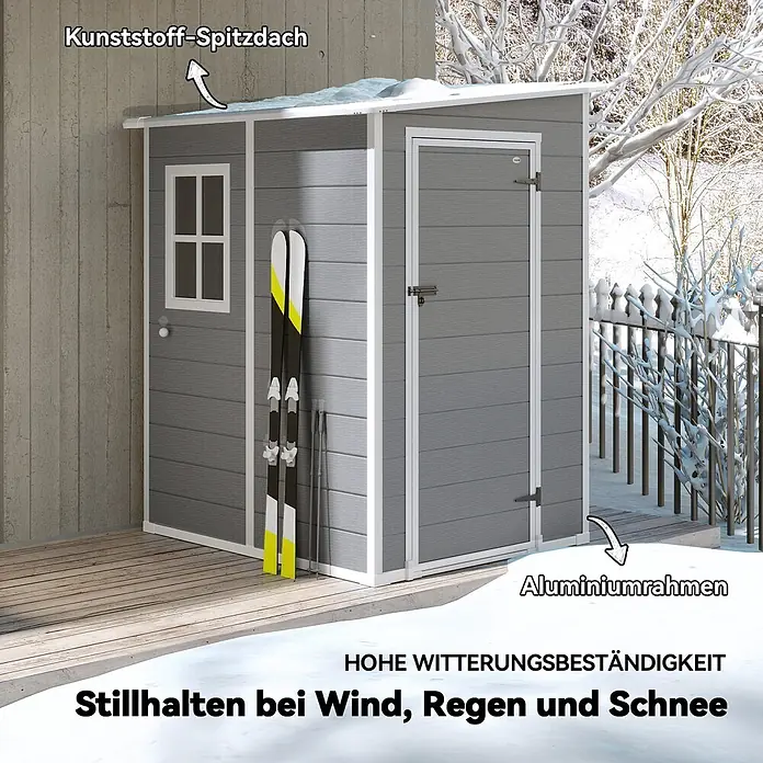 Outsunny Gerätehaus - Außenbreite inkl. Dachüberstand: 149 cm, Außentiefe inkl. Dachüberstand: 122 cm, Kunststoff, Grau - Grauer Outdoor-Geräteschuppen mit Kunststoff-Spitzdach und Aluminiumrahmen, wetterfest für den Winter.