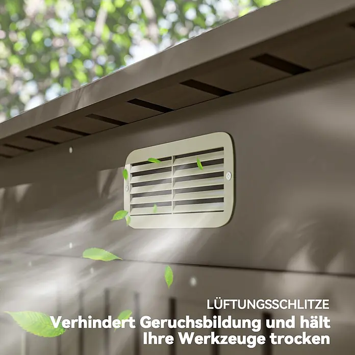 Outsunny Gerätehaus - Außenbreite inkl. Dachüberstand: 249 cm, Außentiefe inkl. Dachüberstand: 121 cm, Stahl, Hellgrau - Beige Lüftungsschlitze an brauner Schuppenwand. Luftstrom mit Blättern verhindert Geruchsbildung und hält Werkzeuge trocken.