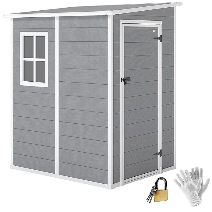Outsunny Gerätehaus - Außenbreite inkl. Dachüberstand: 149 cm, Außentiefe inkl. Dachüberstand: 122 cm, Kunststoff, Grau - Grauer Geräteschuppen mit weißem Rand, Fenster, Tür, Vorhängeschloss mit Schlüsseln und weißen Handschuhen.