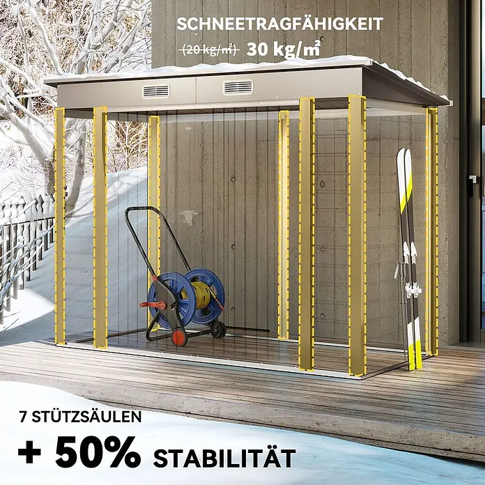 Outsunny Gerätehaus - Außenbreite inkl. Dachüberstand: 249 cm, Außentiefe inkl. Dachüberstand: 121 cm, Stahl, Hellgrau - Grauer Gartenpavillon mit transparenten Wänden, 7 Stützsäulen und hoher Schneelast (30 kg/m²), für Lagerung im Winter.