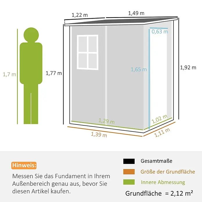 Outsunny Gerätehaus - Außenbreite inkl. Dachüberstand: 149 cm, Außentiefe inkl. Dachüberstand: 122 cm, Kunststoff, Grau - Detailliertes Diagramm eines grauen Gartenhauses mit Außen- und Innenmaßen und einer menschlichen Figur zur Größenbestimmung. Grundfläche: 2,12 m².