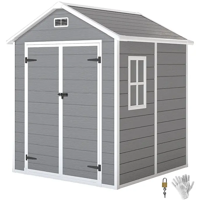 Outsunny Gerätehaus - Außenbreite inkl. Dachüberstand: 182 cm, Außentiefe inkl. Dachüberstand: 151 cm, Aluminium, Grau - Grauer Geräteschuppen aus Kunststoff in Holzoptik mit Doppeltür, Fenster und weißem Rahmen; inklusive Vorhängeschloss und Handschuhen.