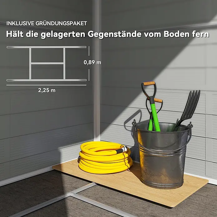 Outsunny Gerätehaus - Außenbreite inkl. Dachüberstand: 240 cm, Außentiefe inkl. Dachüberstand: 190 cm, Aluminium, Hellgrau - Gründungspaket-Diagramm (2,25m x 0,89m) zur Veranschaulichung der Bodenerhöhung für gelagerte Gegenstände wie Gartengeräte.