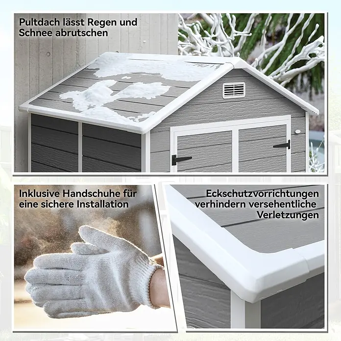 Outsunny Gerätehaus - Außenbreite inkl. Dachüberstand: 182 cm, Außentiefe inkl. Dachüberstand: 151 cm, Aluminium, Grau - Grauer Schuppen mit Pultdach und Eckschutzvorrichtungen.