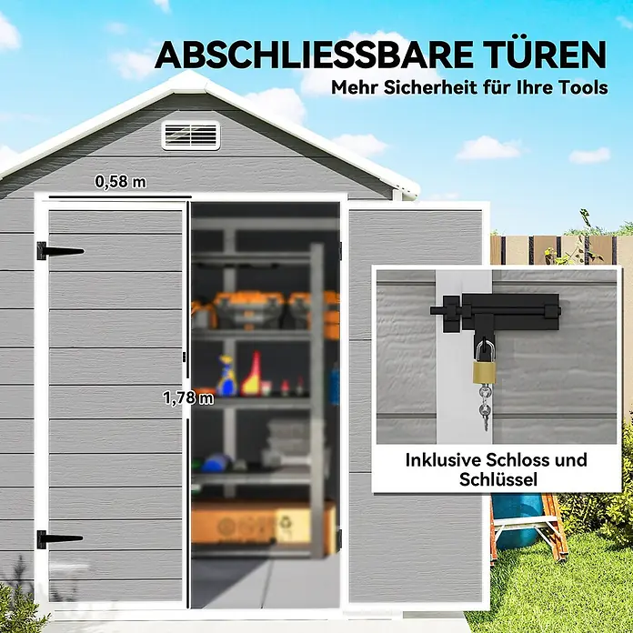 Outsunny Gerätehaus - Außenbreite inkl. Dachüberstand: 182 cm, Außentiefe inkl. Dachüberstand: 151 cm, Aluminium, Grau - Graue Gartenschuppentür mit Maßen 0,58 m x 1,78 m, ausgestattet mit einem schwarzen Riegelverschluss, Vorhängeschloss und Schlüsseln.