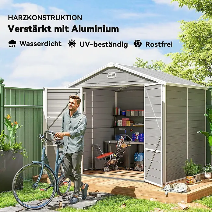 Outsunny Gerätehaus - Außenbreite inkl. Dachüberstand: 240 cm, Außentiefe inkl. Dachüberstand: 190 cm, Aluminium, Hellgrau - Graues Gartenhaus aus Harz mit Aluminiumverstärkung, wasserdicht, UV-beständig und rostfrei, im Garten.