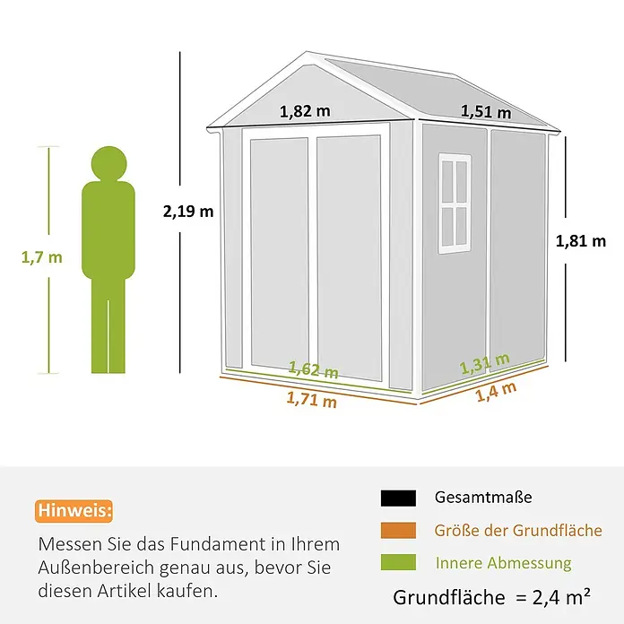 Outsunny Gerätehaus - Außenbreite inkl. Dachüberstand: 182 cm, Außentiefe inkl. Dachüberstand: 151 cm, Aluminium, Grau - Hellgrauer Geräteschuppen: Gesamt-, Grund- und Innenmaße. Menschliche Figur als Maßstab.
