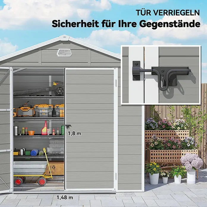 Outsunny Gerätehaus - Außenbreite inkl. Dachüberstand: 240 cm, Außentiefe inkl. Dachüberstand: 190 cm, Aluminium, Hellgrau - Grauer Metallschuppen mit geöffneten Doppeltüren, innen Regale, außen ein Riegel. Maße: 1,8m H, 1,48m B. Bietet Stauraum und Sicherheit.