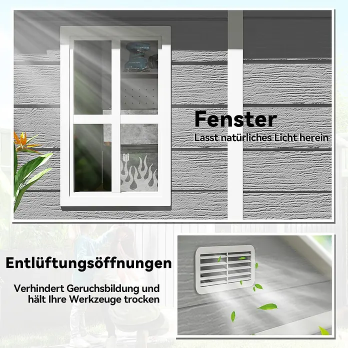 Outsunny Gerätehaus - Außenbreite inkl. Dachüberstand: 182 cm, Außentiefe inkl. Dachüberstand: 151 cm, Aluminium, Grau - Graue Schuppenaußenwand mit weißem Fenster für Sonnenlicht und weißer Lüftungsöffnung.