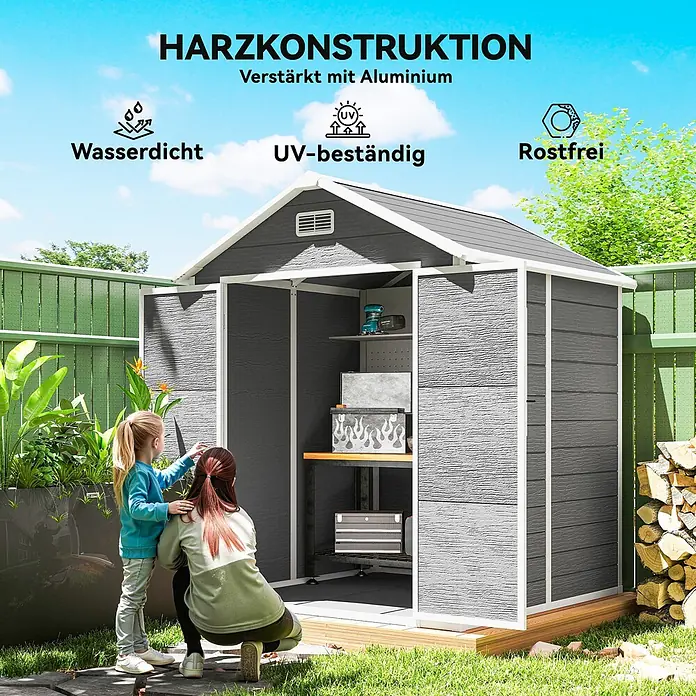 Outsunny Gerätehaus - Außenbreite inkl. Dachüberstand: 182 cm, Außentiefe inkl. Dachüberstand: 151 cm, Aluminium, Grau - Dunkelgrauer Harz-Gartenschuppen mit Aluminiumverstärkung, wasserdicht, UV-beständig und rostfrei, im Garten mit Personen.