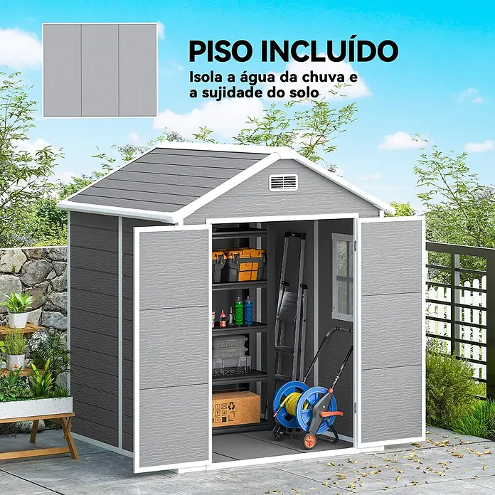 Outsunny Gerätehaus - Außenbreite inkl. Dachüberstand: 182 cm, Außentiefe inkl. Dachüberstand: 151 cm, Aluminium, Grau - Grauer Gartenlagerhaus mit strukturierten Paneelen, inklusive Boden zum Schutz vor Regen und Schmutz, und offenen Türen mit Regalen.