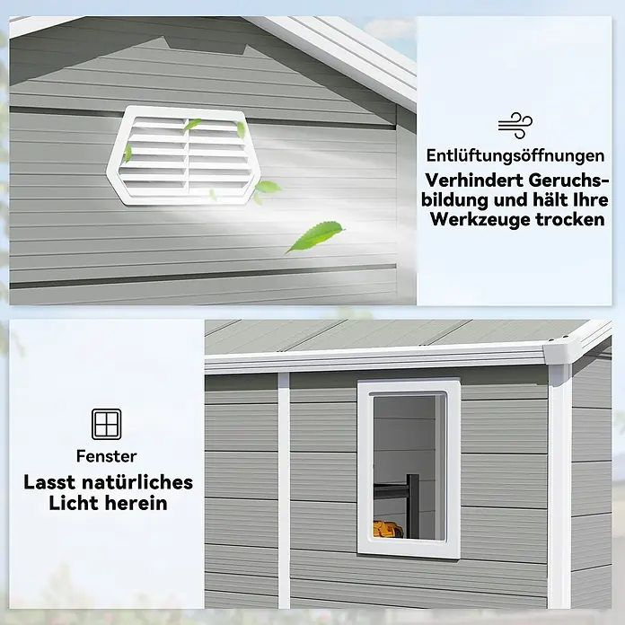 Outsunny Gerätehaus - Außenbreite inkl. Dachüberstand: 240 cm, Außentiefe inkl. Dachüberstand: 190 cm, Aluminium, Hellgrau - Grauer Schuppen mit Lüftungsöffnungen für Luftzirkulation und einem Fenster für Tageslicht.