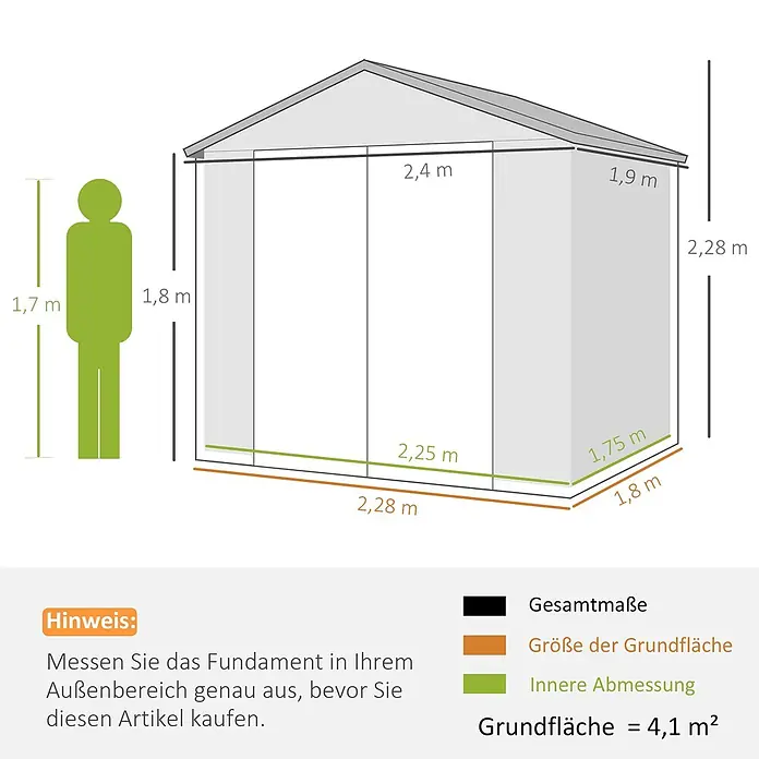 Outsunny Gerätehaus - Außenbreite inkl. Dachüberstand: 240 cm, Außentiefe inkl. Dachüberstand: 190 cm, Aluminium, Hellgrau - Maßzeichnung eines Gartenhauses mit Außen- und Innenmaßen sowie einer Person zum Größenvergleich. Grundfläche: 4,1 m².