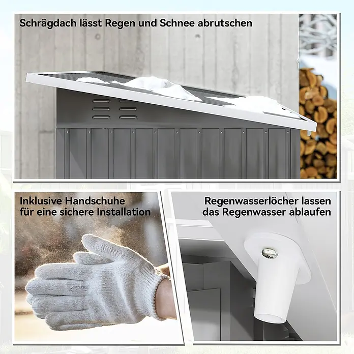Outsunny Gerätehaus - Außenbreite inkl. Dachüberstand: 211 cm, Außentiefe inkl. Dachüberstand: 133 cm, Stahl, Dunkelgrau - Grauer Geräteschuppen mit schrägem Dach, Regenwasserablauf und inklusive Handschuhen zur Montage.
