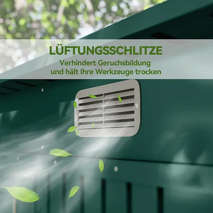 Outsunny Gerätehaus - Außenbreite inkl. Dachüberstand: 249 cm, Außentiefe inkl. Dachüberstand: 121 cm, Stahl, Grün - Dunkelgrüner Schuppen mit silberner Lüftungsschlitze, die Luftzirkulation zur Geruchsvermeidung und Werkzeugtrocknung zeigt.